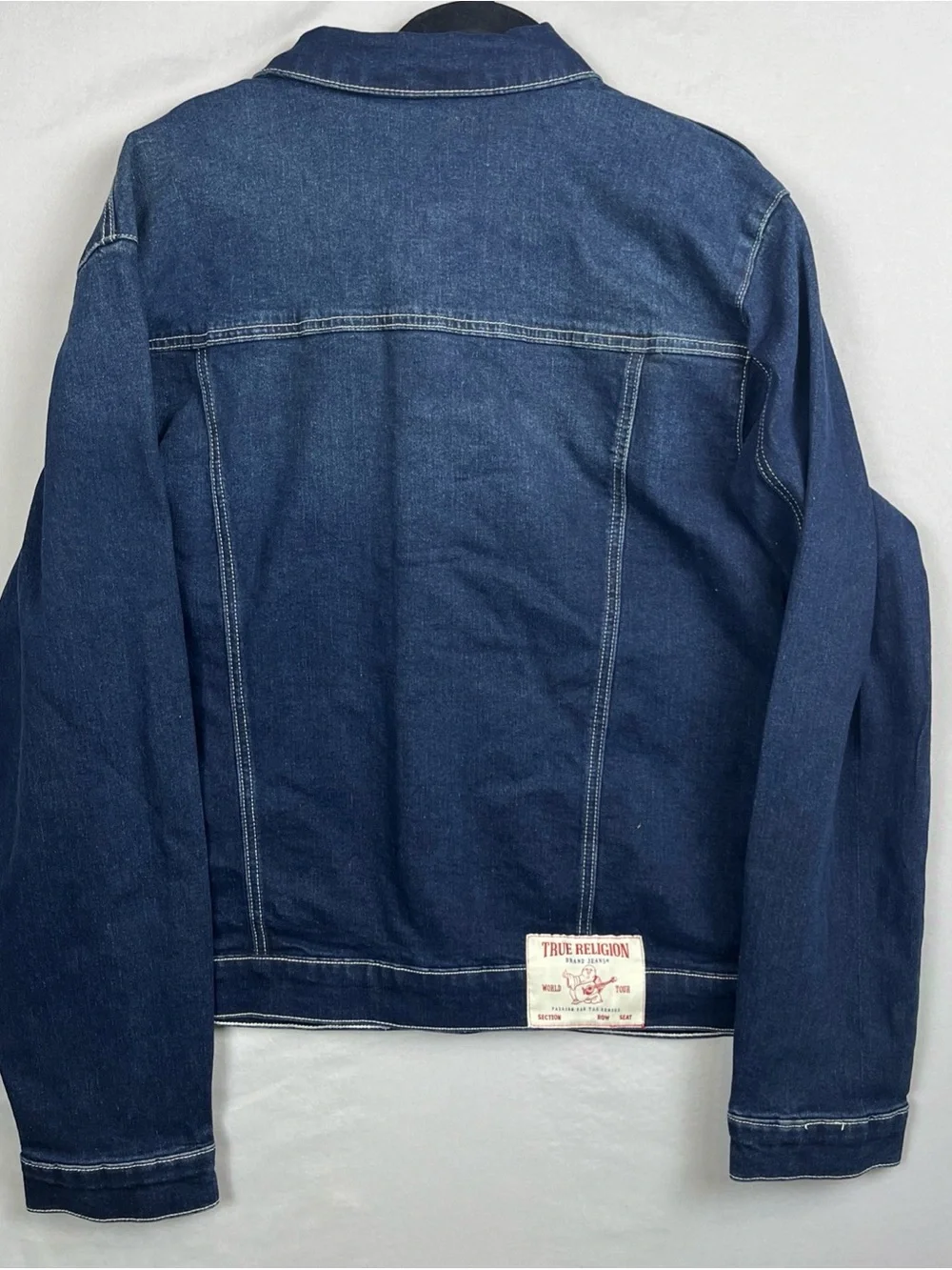 True Religion Denim Jacket Red Ladder Stitch Men’s Medium Dark Wash MSRP $184